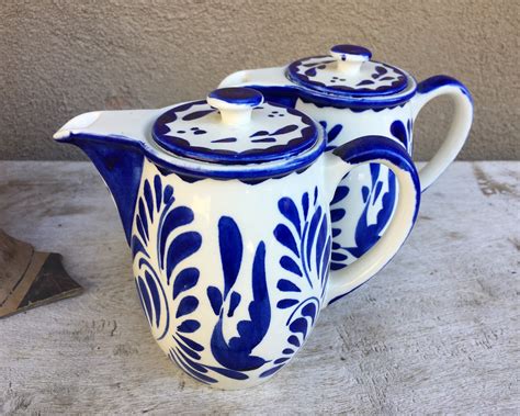 Two Mexican Anfora Puebla Blue Lidded Pitcher Creamers Blue And White