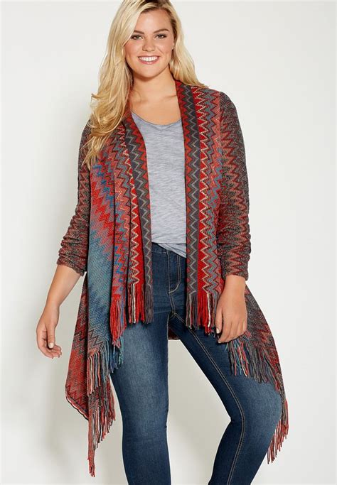 Maurices Plus Size Chevron Striped Blanket Cardigan With Fringe