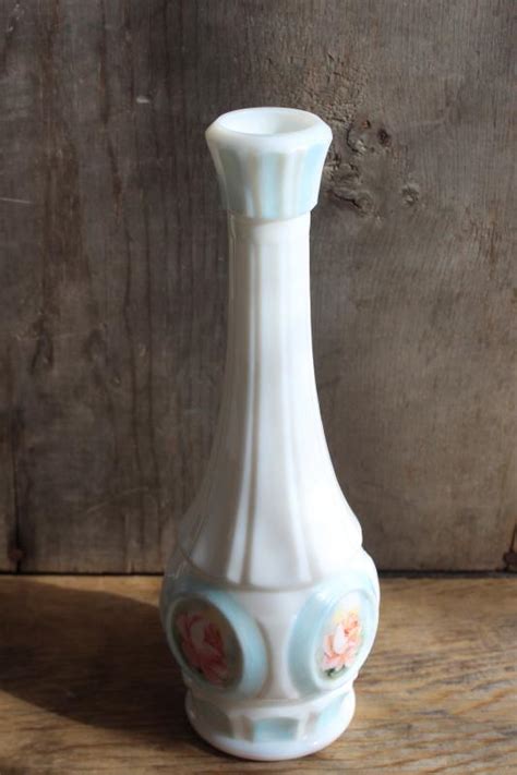 Artist Signed Hand Painted Vintage Milk Glass Bud Vase Rose Medallion Floral