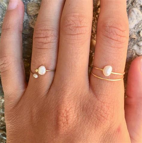 Dainty Pearl Ring Set Freshwater Pearl Stacking Rings Wire Wrapped