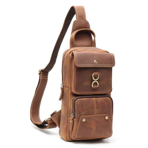 Brown Leather Mens Sling Bag Brown Sling Pack Chest Bags One Shoulder