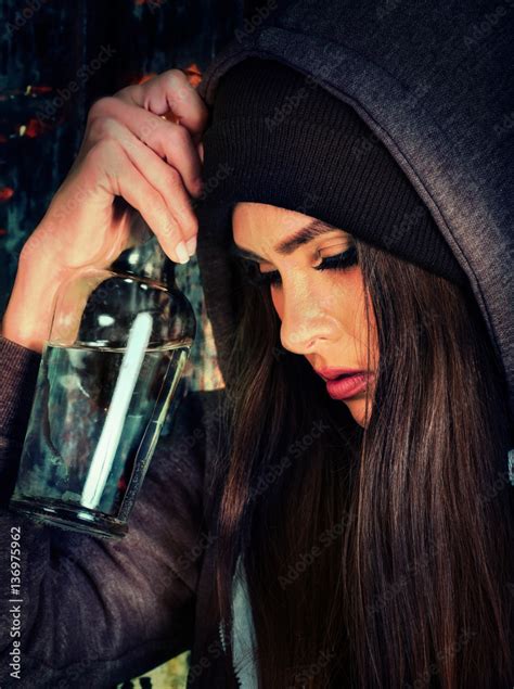 Woman Alcoholism Is Social Problem Female Drinking Is Cause Of Nervous Stress She In Hood And