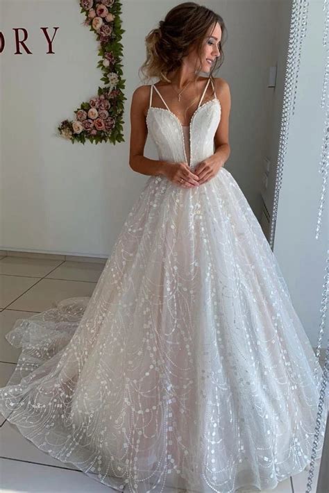 V Neck Straps A Line Beautiful Sparkle Wedding Dress 2021 Sassymyprom