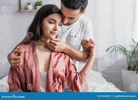 Young Man Gently Touching Face Of Stock Image Image Of Emotion