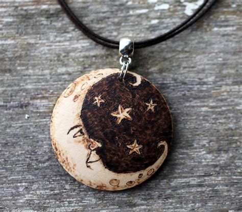 Pyrography Celestial Moon Pendant Double Sided Crescent And Etsy Wood