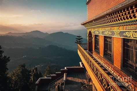 Sunset Above Valley Buddhist Monastery Nepal In The Himalaya Mountains