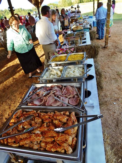 Create your own wedding reception menu with tasty food and drink ideas, recipes, and decorations for a memorable party. Buffet for outdoor country wedding~ chicken, ham, mashed ...