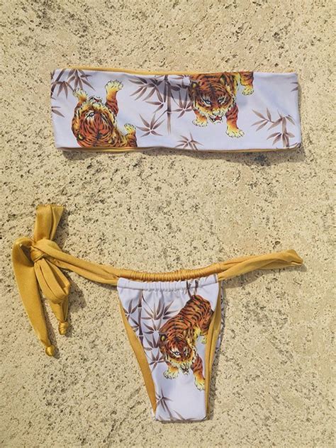 2022 Tiger Print Strapless Bikini Set White S In Bikini Sets Online