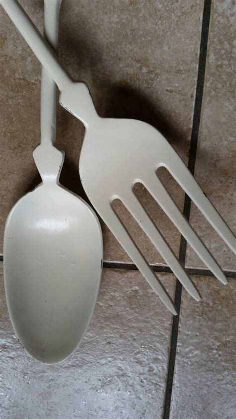 vintage over sized metal fork spoon wall decor creamy white