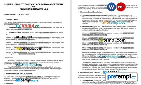 Florida Llc Operating Agreement Word Example Fully Editable Pretempl