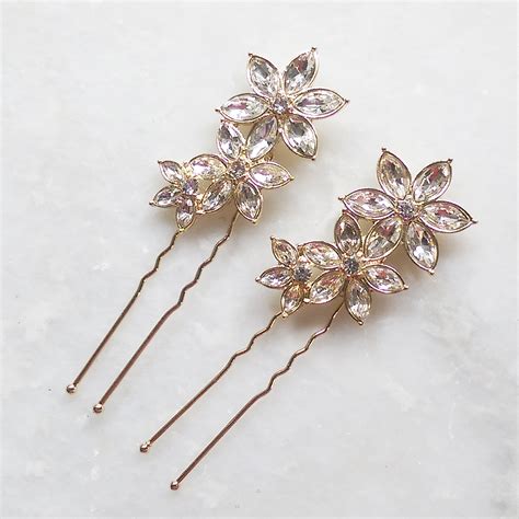 Floral Crystal Hair Pins Rose Gold Set Of 2