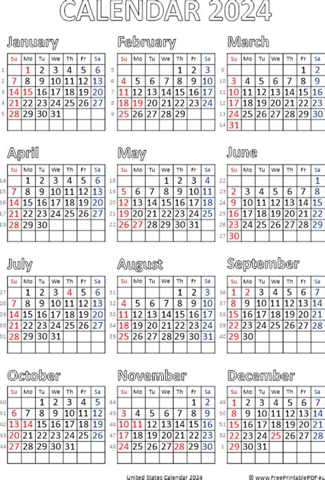 Calendar 2024 United States Free Printable Pdf