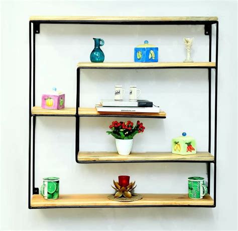 Yellow And Brown Square Wooden Wall Mounted Shelf For Home Decoration