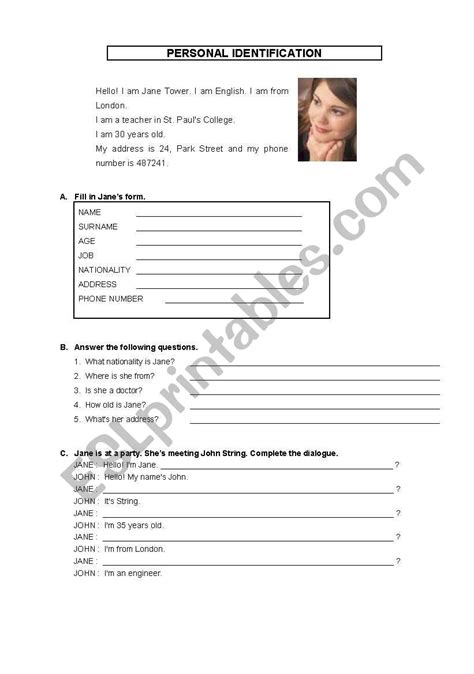 Personal Identification Esl Worksheet By Felisbina