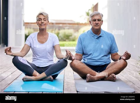 Meditation, calm and senior couple in garden for mindful, body and