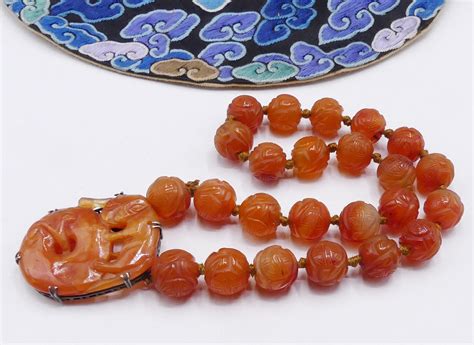 Old Chinese Carved Carnelian Beads Necklace And Sterling Silver Etsy