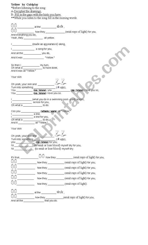 Song Yellow By Coldplay Esl Worksheet By Alerac
