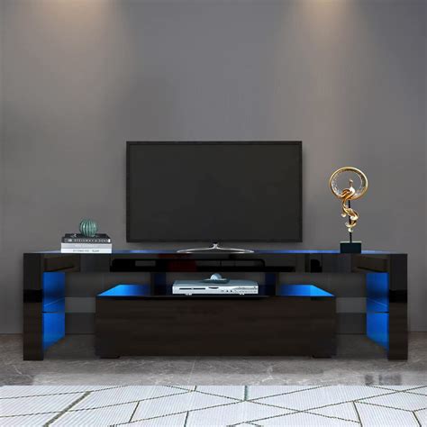 Black Tv Stand With 2 Storage And 3 Open Shelves High Gloss Led Tv