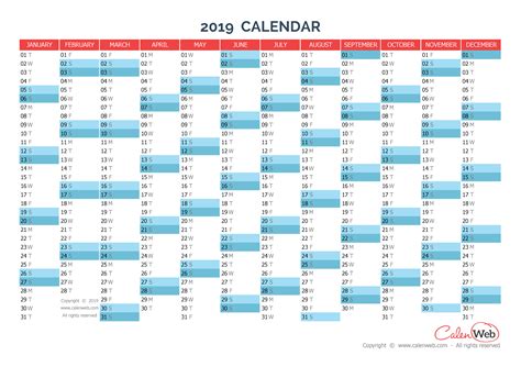 Yearly Calendar Year 2019 Yearly Horizontal Planning