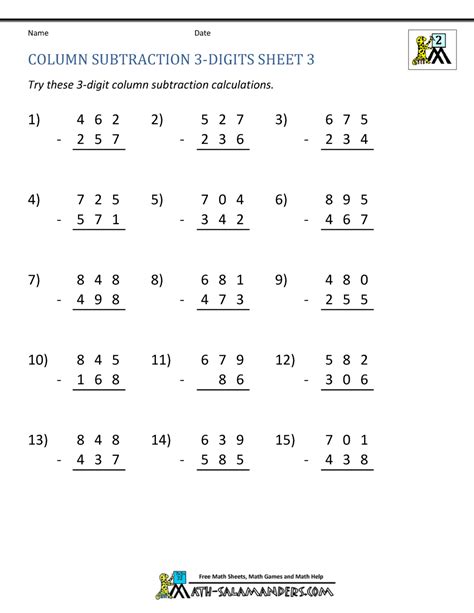 Subtraction Worksheets 3 Digit Numbers