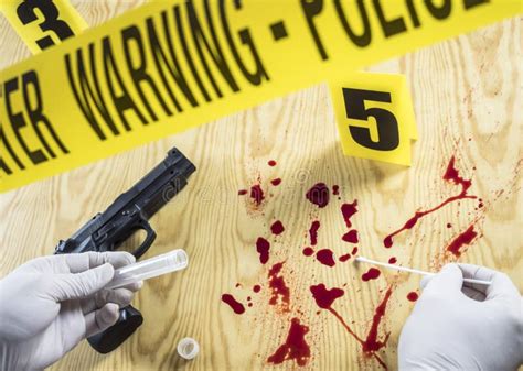 Crime Scene For Weapon Judicial Police Takes Blood Samples In Scene Of
