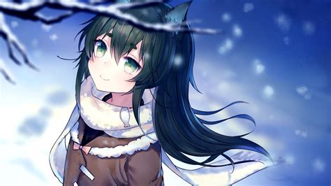 Download 1920x1080 Anime Wolf Girl Smiling Scarf Snow Black Hair Animal Ears Wallpapers For