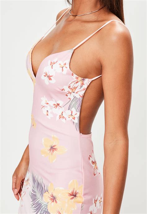 Lyst Missguided Pink Floral Print Strappy Plunge Bodycon Dress In Pink