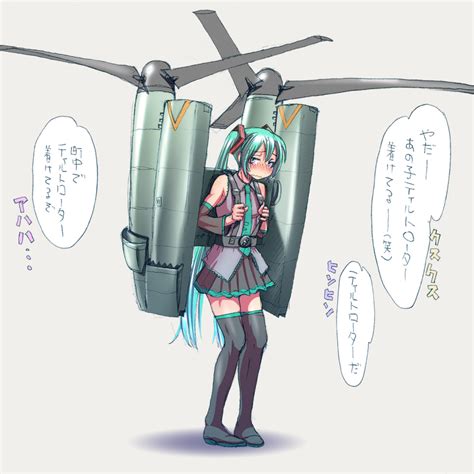 Wokada Hatsune Miku Vocaloid Highres Translated 1girl Aircraft Blush Boots Detached