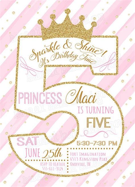 Fifth Princess Birthday Invitation Gold Glitter Birthday Invitation