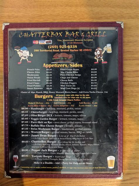Menu at Chatterbox pub & bar, Benton Harbor