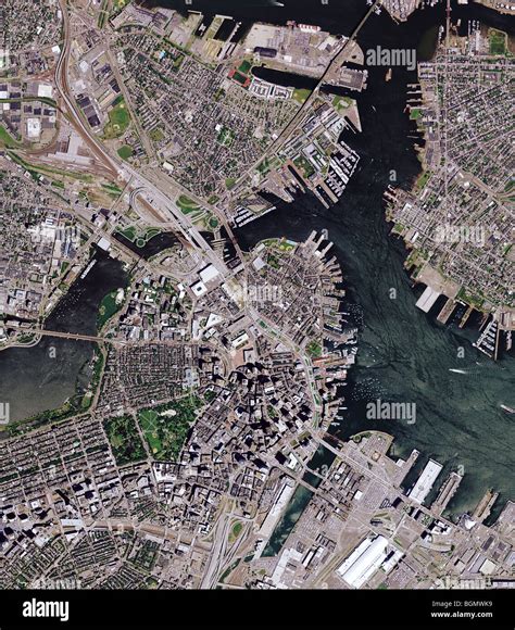 Aerial Map View Above Downtown Boston Massachusetts And Boston Harbor