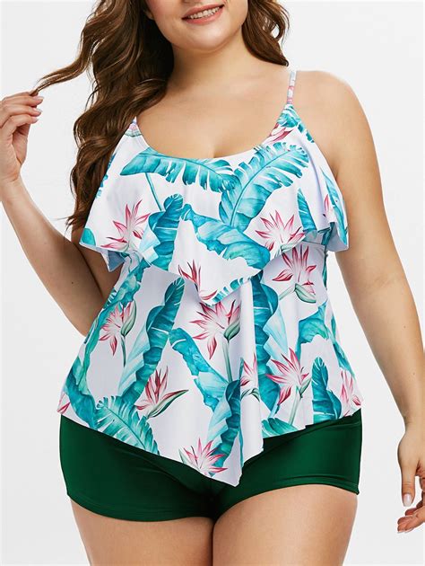Off Plus Size Palm Flower Print Flounce Tankini Swimwear In Medium Turquoise Dresslily