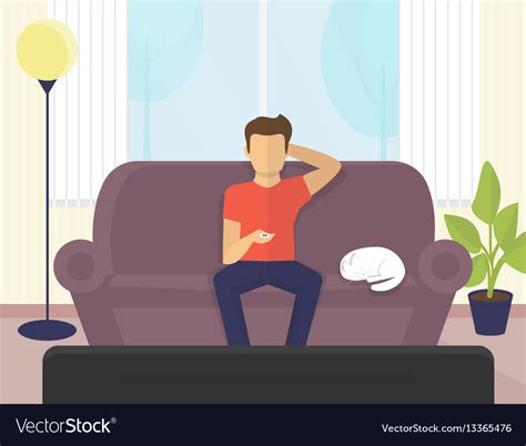 Young Man Sitting At Home On The Sofa Watching Tv Vector Image