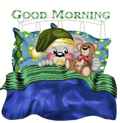 Two Teddy Bears Sitting On Top Of A Bed With The Words Good Morning