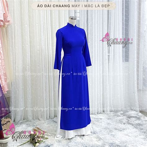 Áo dài xanh coban Chaang May sẵn áo dài truyền thống vải lụa đẹp chính