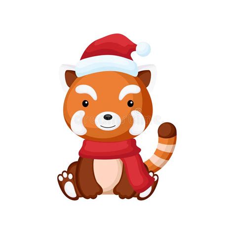 Cute Little Red Panda Sitting In A Santa Hat And Red Scarf Cartoon