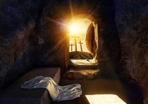 He Is Risen Empty Tomb With Shroud Crucifixion At Sunrise The