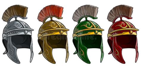 Cartoon Ancient Roman Soldier Helmet Vector Set Stock Illustration