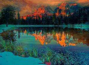 Sunset, Nature, Landscape, Lake, Mountain, Forest, Snow