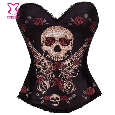 Red Rose Flowerandskull Printed Sexy Espartilhos Corset Gothic Waist Protect Bustier Clothing