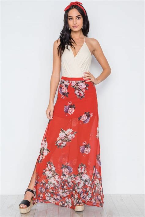 Red Multi Floral Print Side Slits High Waist Maxi Skirt The Img