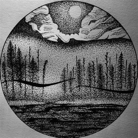 Landscape Pen Drawing Very Good Example Of Stippling Unknown Artist