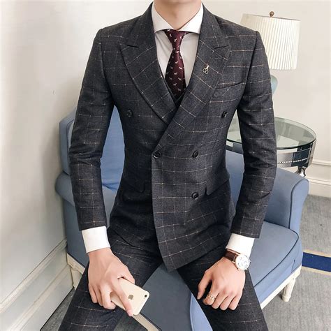 Men Suits British Gentleman Style Plaid Slim Fit Suit Three Piece Suit