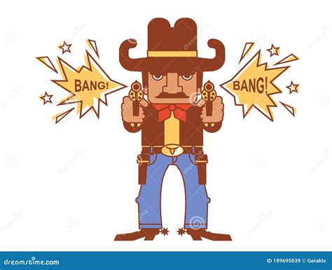 Cowboy With Guns Wild West Gunslinger Shoots Pistols Vector Flat Style