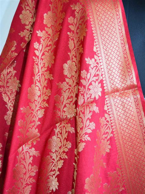 Banarasee Handloom Pure Silk Zari Woven Jaal Dupatta Red