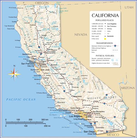 24x24in California Detailed Map Of With Boundaries State Capital