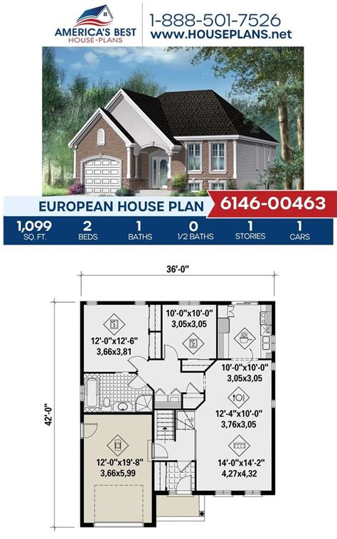 House Plan 6146 00463 European Plan 1099 Square Feet 2 Bedrooms 1