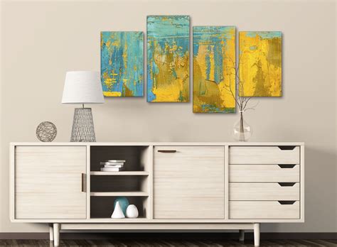 Mustard Yellow And Teal Turquoise Abstract Dining Room Canvas Wall