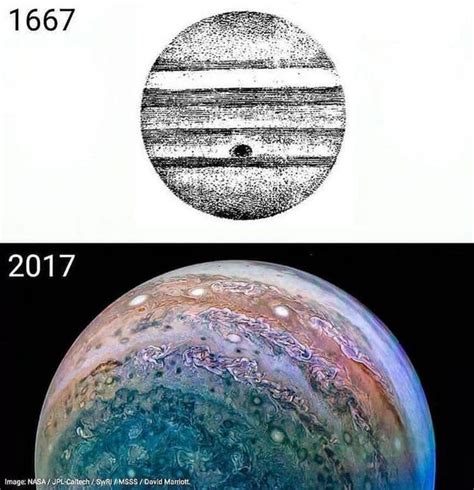 1667 Drawing Of Jupiter By Giovanni Cassini And 2017 The Image Of Jupiter Is Taken By Juno