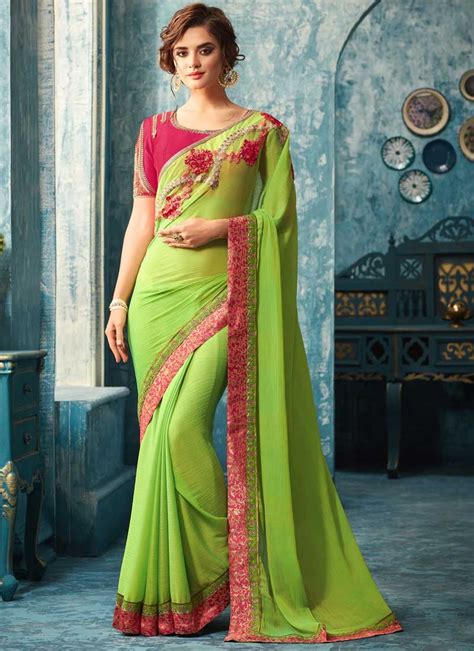 Lime Green Pure Chiffon Saree Sarees Designer Collection